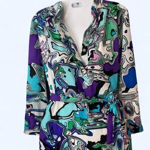 Multi-coloured abstract print wrap dress w tie waist & long sleeves 8